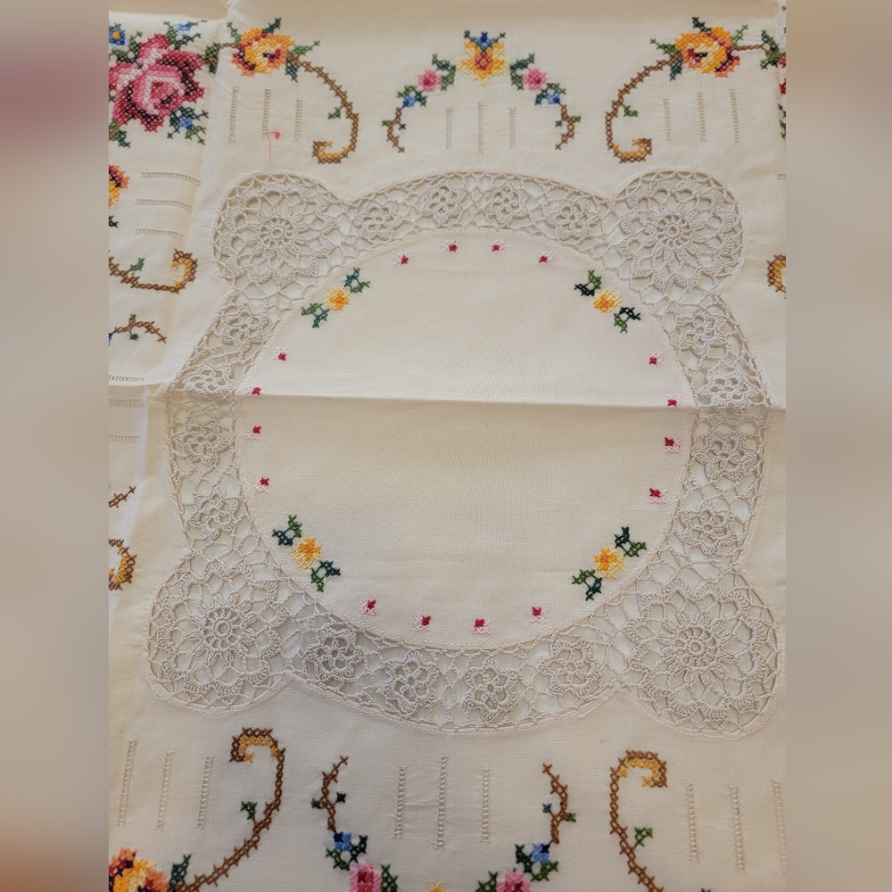 Vtg Cotton Hand Crafted Needlepoint White pink green floral 36x36 table cloth